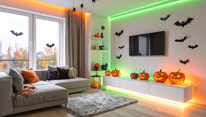 Halloween decor celebration modern minimalist apartment in japan cozy living room festive atmosphere spooky vibes