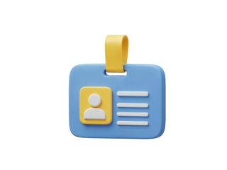 3d rendered blue identification card with yellow lanyard and placeholder photo isolated on transparent background