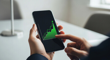 Photo of a persons hands holding a smartphone displaying a green upward trending financial graph
