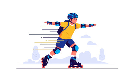 Fototapeta premium Young person rollerblading in a flat illustration style with action lines for speed