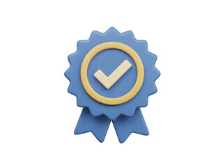 Blue ribbon award with golden circle and white check mark signifying approval and success isolated on transparent background