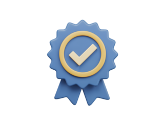 Blue ribbon award with golden circle and white check mark signifying approval and success isolated on transparent background