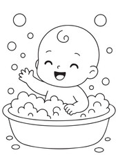coloring book baby enjoying bubble bath in a tub