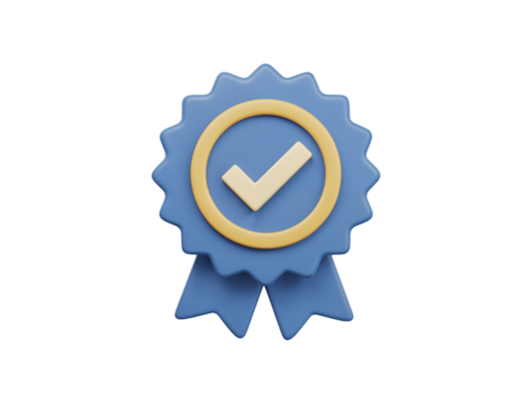 Blue ribbon award with golden circle and white check mark signifying approval and success isolated on transparent background