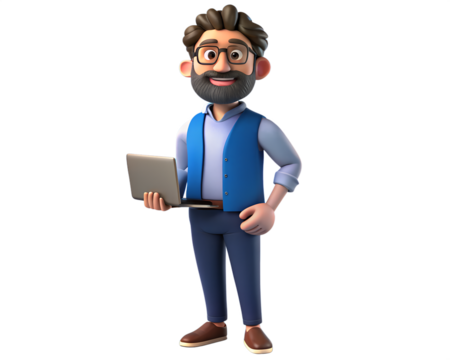 Illustration of bearded man with glasses holding a laptop isolated on transparent background