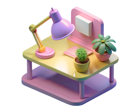 Illustration of cute cartoon desk with lamp and plants isolated on transparent background