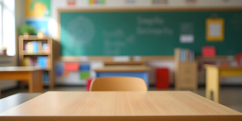 Wooden desk in front, colorful blurred classroom background with education posters, blackboard and shelves.