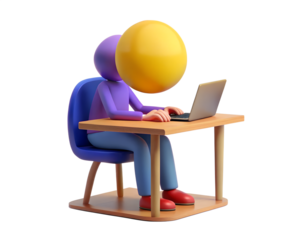 Illustration of 3d character sitting at a desk with a laptop isolated on transparent background