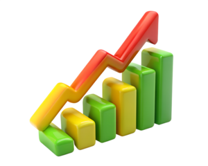 Illustration of 3d bar graph with rising arrow isolated on transparent background