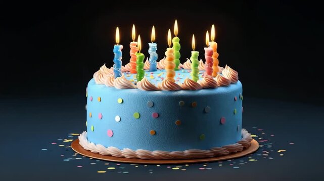 Colorful birthday cake with lit candles in celebration setting