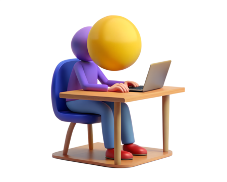Illustration of 3d character sitting at a desk with a laptop isolated on transparent background