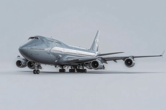 Grey jumbo jet landing; studio shot; air travel