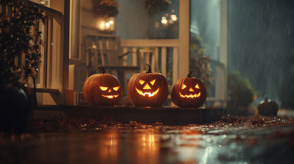 Obraz premium A festive Halloween, pumpkin lanterns on the porch on a rainy autumn night