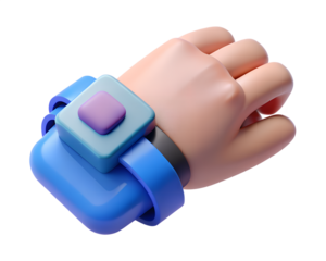 Illustration of cartoon hand wearing a blue and purple smart watch, isolated on transparent background