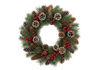 A circular Christmas wreath, adorned with pinecones, greenery, and festive red berries, is a perfect holiday decoration.