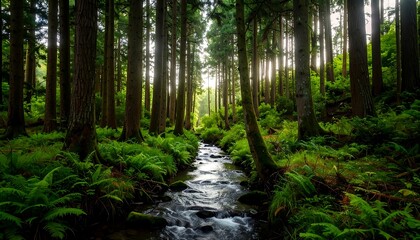 Obraz premium Sunlight streams through a dense forest, illuminating a tranquil creek