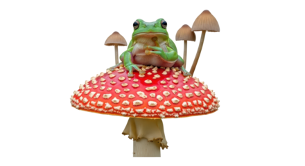 Isolated Frog Sitting on Mushroom