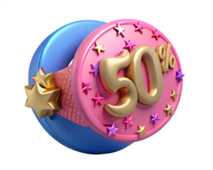 Illustration of fifty percent discount symbol with stars isolated on transparent background