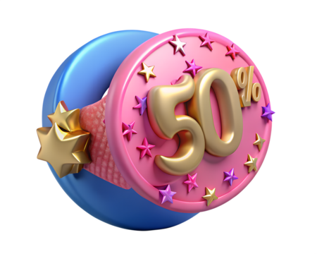 Illustration of fifty percent discount symbol with stars isolated on transparent background