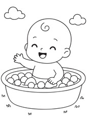 coloring book baby sitting in tub full of play balls