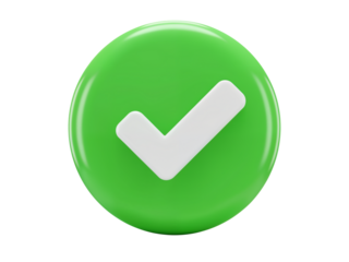 Glossy green circular button with a white check mark symbol indicating success or approval isolated on transparent background
