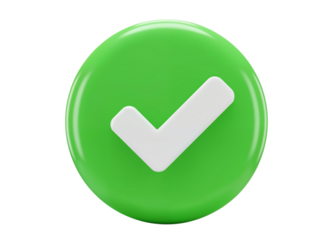 Glossy green circular button with a white check mark symbol indicating success or approval isolated on transparent background