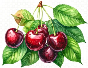 Watercolor illustration of cherries and leaves