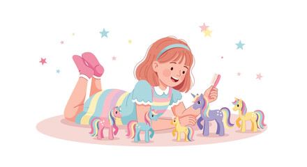 Young Girl Playing With Toy Unicorns, Creating Fairytale Scenes, Happy Childhood Memories