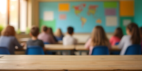 Wooden desk in front, colorful blurred classroom background with education posters, blackboard and shelves.