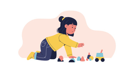Young Girl Plays With Colorful Wooden Blocks During Creative Playtime Activity