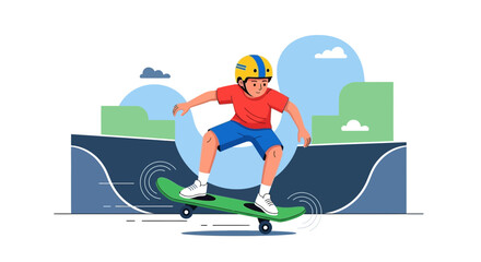 Fototapeta premium Young Skateboarder Riding With Style Enjoying Activity And Wearing Safety Gear On a Ramp
