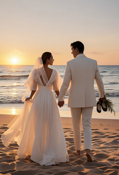 석양 해변을 걷는 웨딩 커플의 뒷모습 / Wedding Couple Walking Away on a Sunset Beach