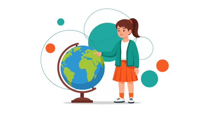 Young girl pointing at a globe representing geography and educational concepts