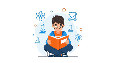 Young Student Absorbed In Chemistry Book With Science-Themed Illustrations