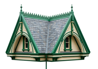 Ornate architectural detail of a peaked roof with intricate trim, slate gray tiles, and vibrant green accents.