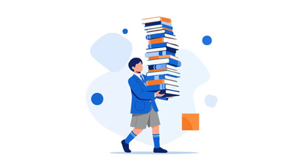 Young Student Carrying a Large Stack of Books, Educational Concept Illustration