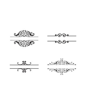Set of four symmetrical black calligraphic decorative dividers and border elements on an isolated white background, classic page accents