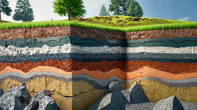 Cross section of earth layers showing geological strata rocks soil and underground formations in cutaway view
