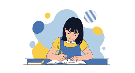 Young Student Concentrating While Writing in Open Notebook, Pencil and Education