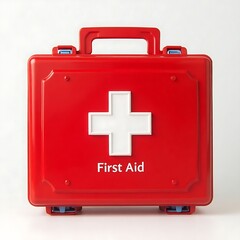 Fototapeta premium Vibrant Red First Aid Kit with White Cross on Clean Background