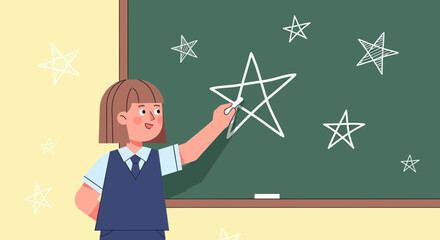 Young Student Drawing Star Shapes on Chalkboard with Joyful Expression in Classroom