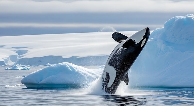 An orca whale breaches the icy waters of Antarctica, showcasing its powerful body against a backdrop of glaciers and snow.