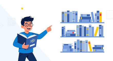 Young student pointing at book shelf, holding a book about science with the atom symbol