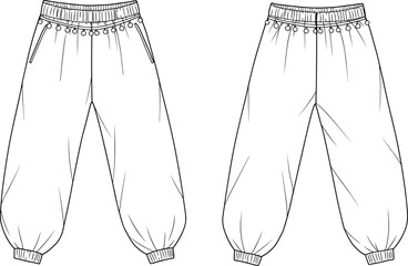 Technical fashion sketch, jogger pants front and back, drawstring waist trousers, vector flat sketch, loose fit pants, fashion illustration, apparel design template, CAD drawing