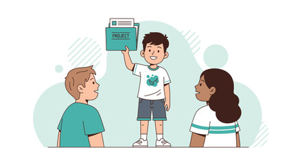 Young Student Presenting Project, Sharing Information to Peers, Classroom Illustration
