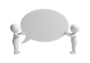 Two 3d figures holding a large blank speech bubble for communication and ideas isolated on transparent background
