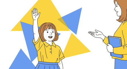 Young Student Raises Hand Energetically in Illustrated School Setting for Question