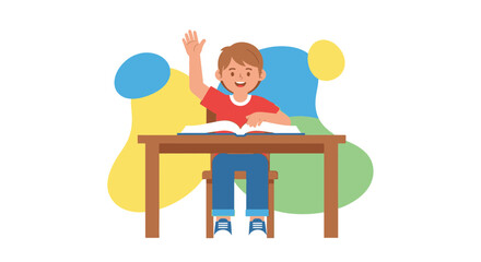 Young Student Raising Hand in Class, Eager For Learning And Education, Illustration