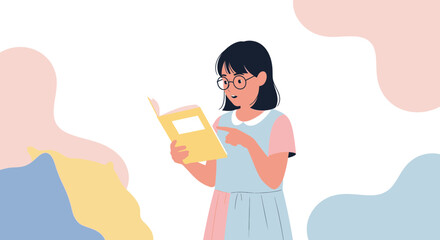 Young Student Reading Book In A Colorful Illustration With Minimalist Decoration