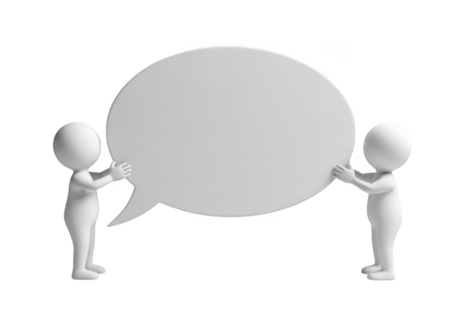 Two 3d figures holding a large blank speech bubble for communication and ideas isolated on transparent background